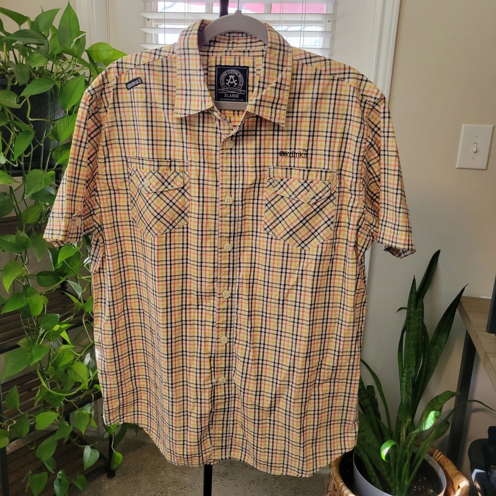 Akademiks Mens XL Short Sleeve Button Down Shirt Plaid Orange Yellow Streetwear
